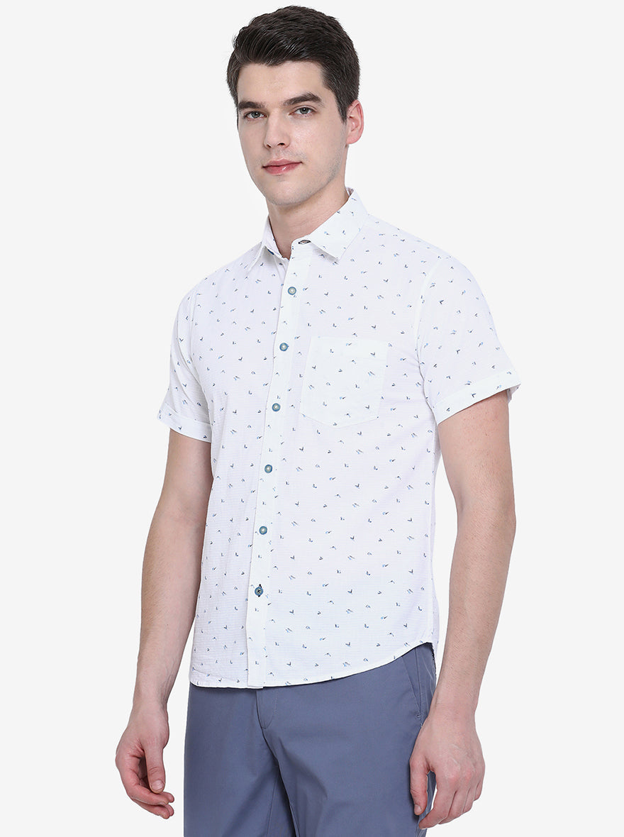 Bright White Printed Slim Fit Semi Casual Shirt | Greenfibre