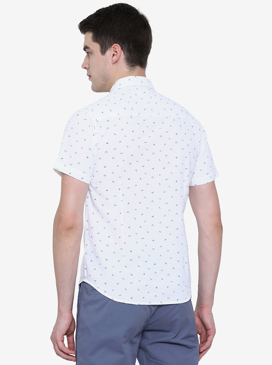 Bright White Printed Slim Fit Semi Casual Shirt | Greenfibre