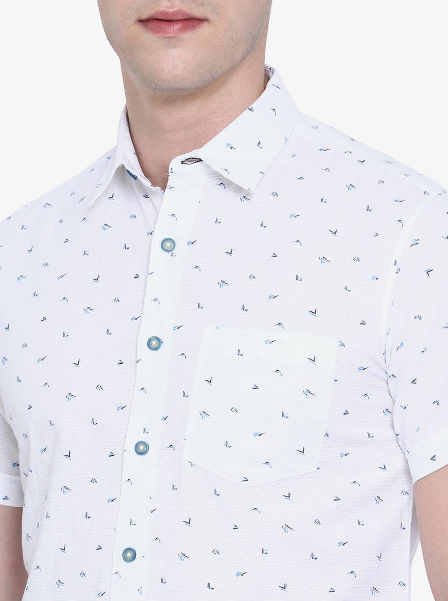 Bright White Printed Slim Fit Semi Casual Shirt | Greenfibre