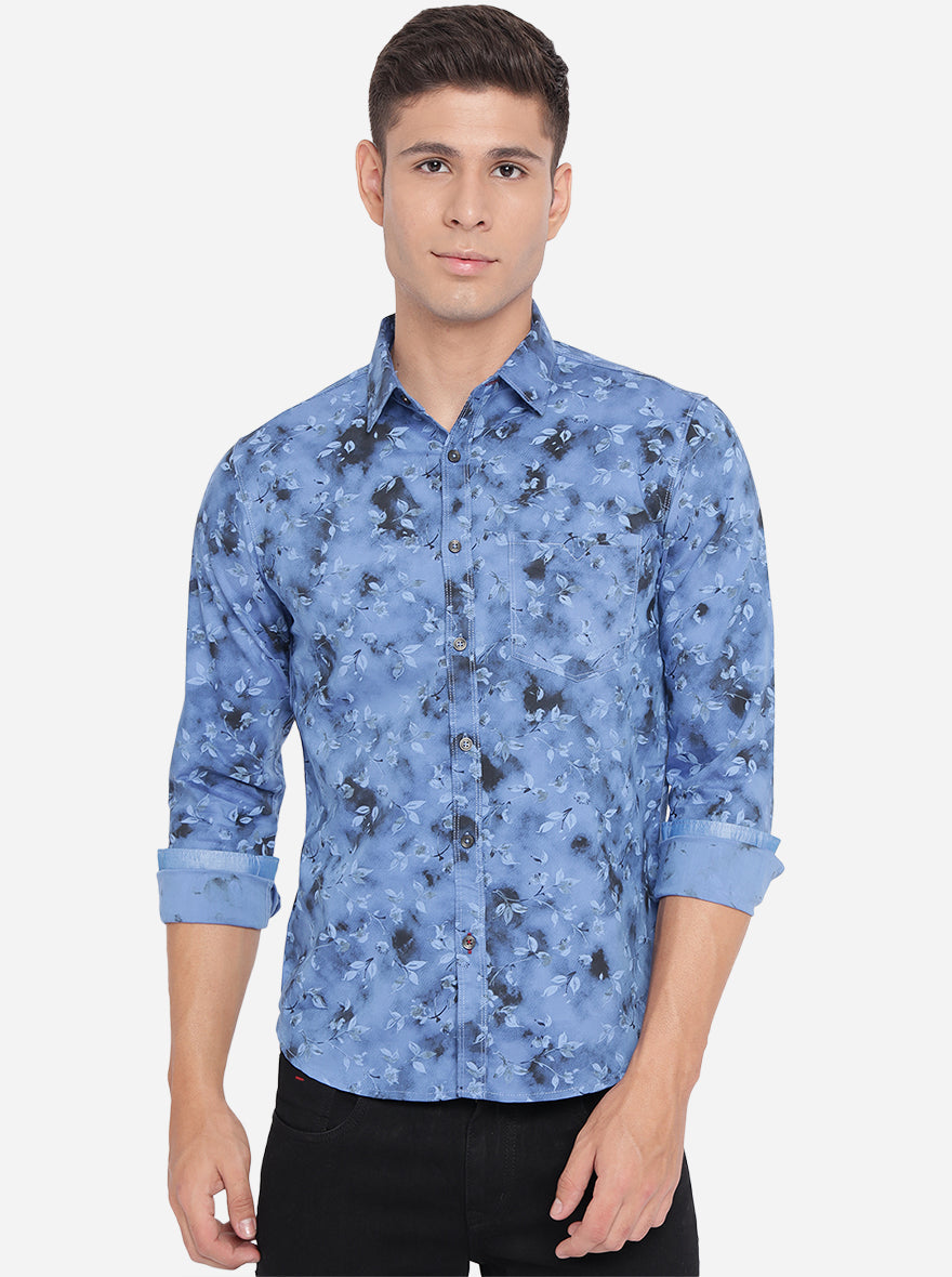 Palace Blue Printed Slim Fit Semi Casual Shirt | Greenfibre