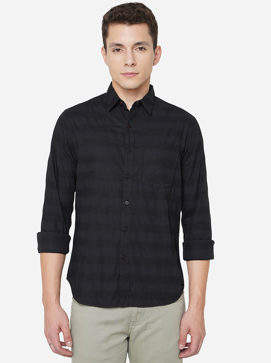 Black Striped Slim Fit Semi Casual Shirt | Greenfibre