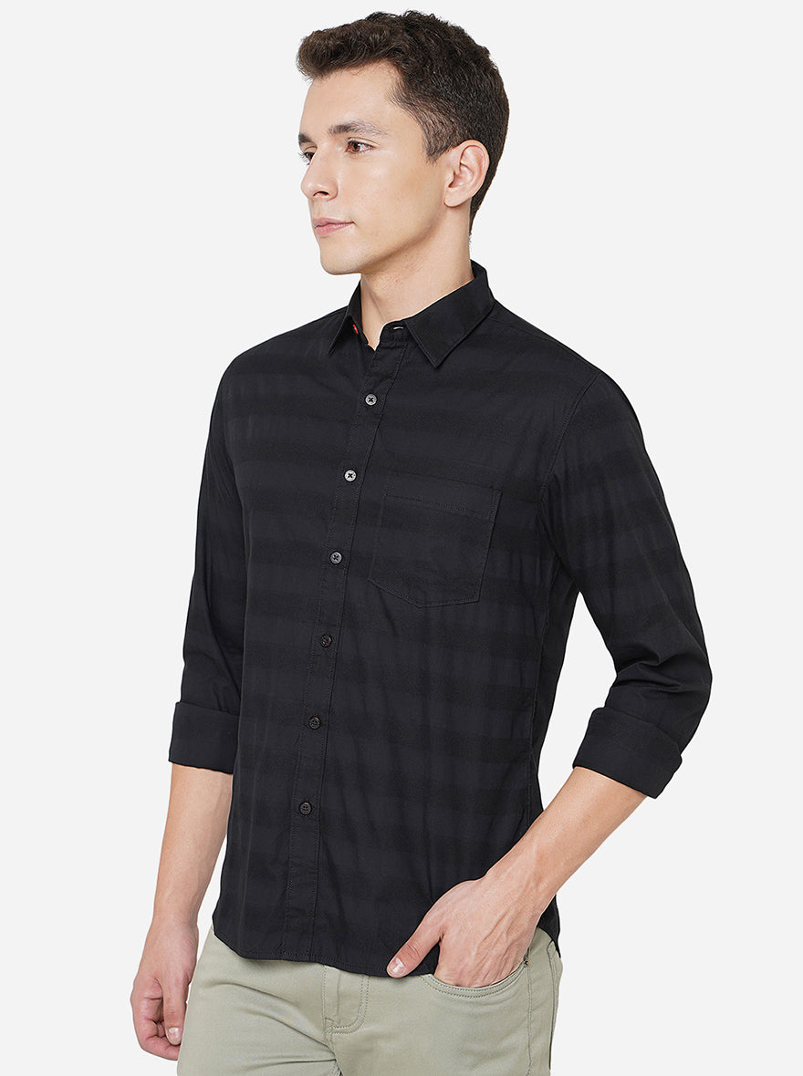 Black Striped Slim Fit Semi Casual Shirt | Greenfibre