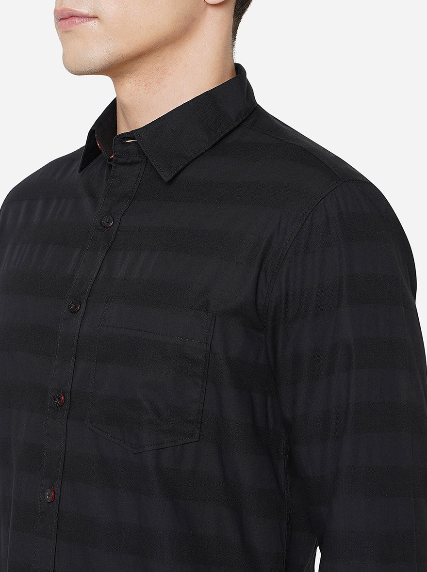 Black Striped Slim Fit Semi Casual Shirt | Greenfibre