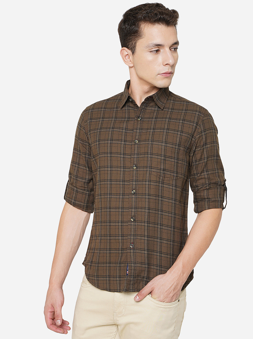 Brown Checked Slim Fit Semi Casual Shirt | Greenfibre