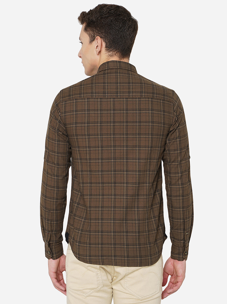 Brown Checked Slim Fit Semi Casual Shirt | Greenfibre