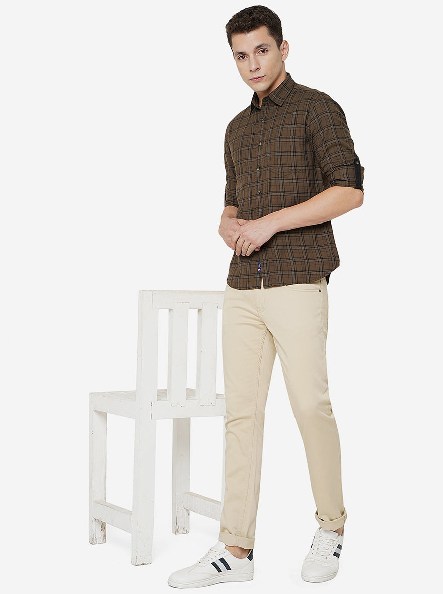 Brown Checked Slim Fit Semi Casual Shirt | Greenfibre