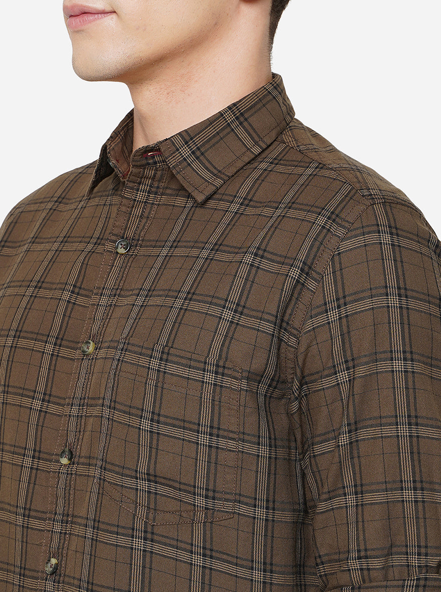 Brown Checked Slim Fit Semi Casual Shirt | Greenfibre