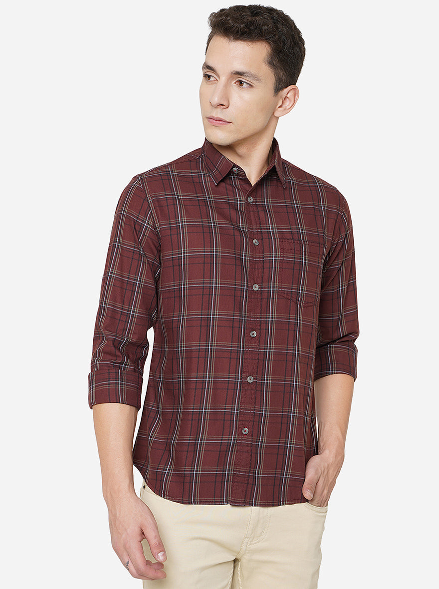 Maroon Checked Slim Fit Semi Casual Shirt | Greenfibre