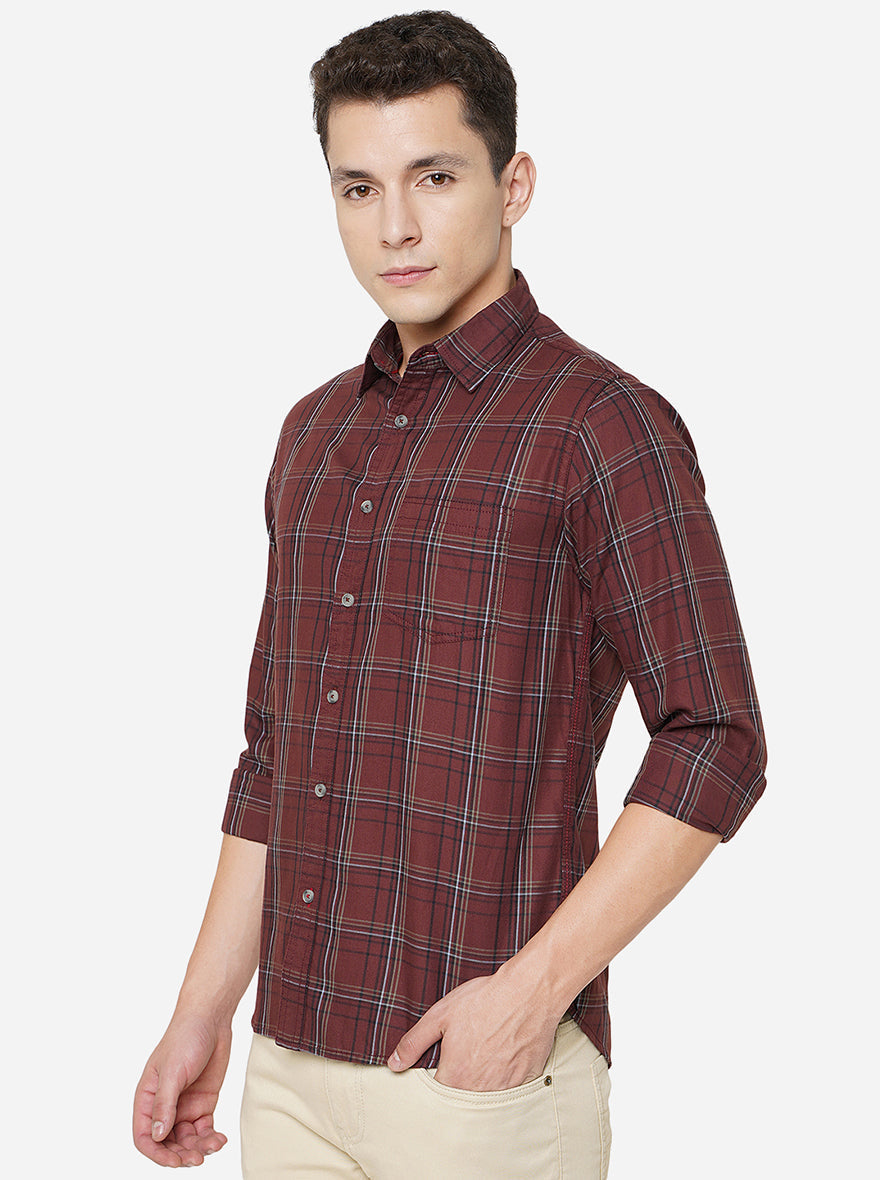 Maroon Checked Slim Fit Semi Casual Shirt | Greenfibre