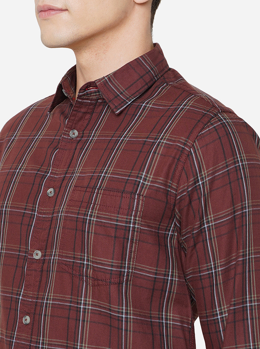 Maroon Checked Slim Fit Semi Casual Shirt | Greenfibre