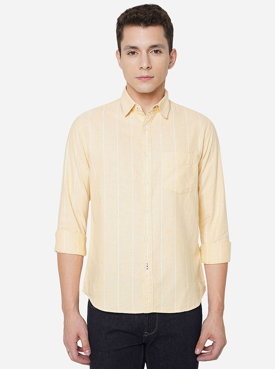 Yellow Striped Slim Fit Semi Casual Shirt | Greenfibre