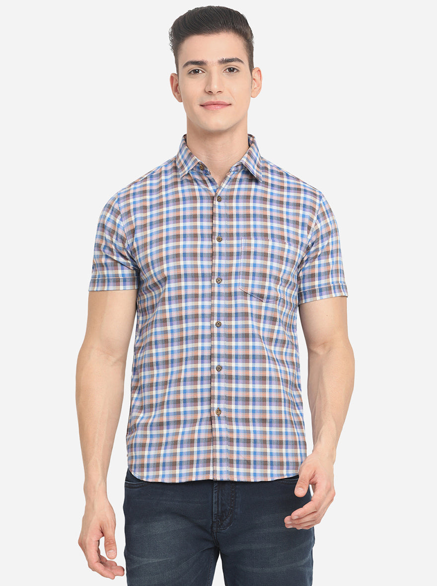 Blue & Brown Checked Slim Fit Semi Casual Shirt | Greenfibre