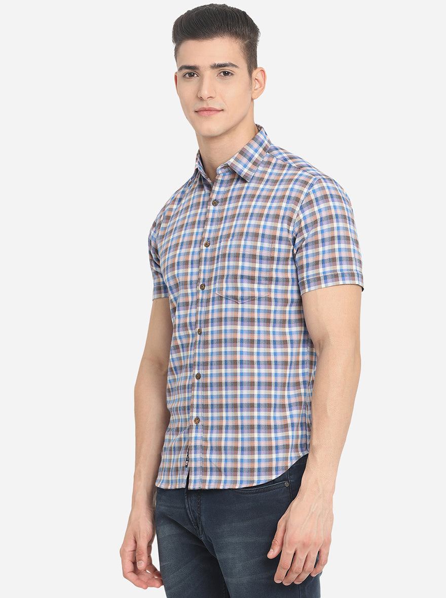 Blue & Brown Checked Slim Fit Semi Casual Shirt | Greenfibre