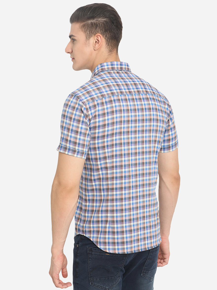 Blue & Brown Checked Slim Fit Semi Casual Shirt | Greenfibre