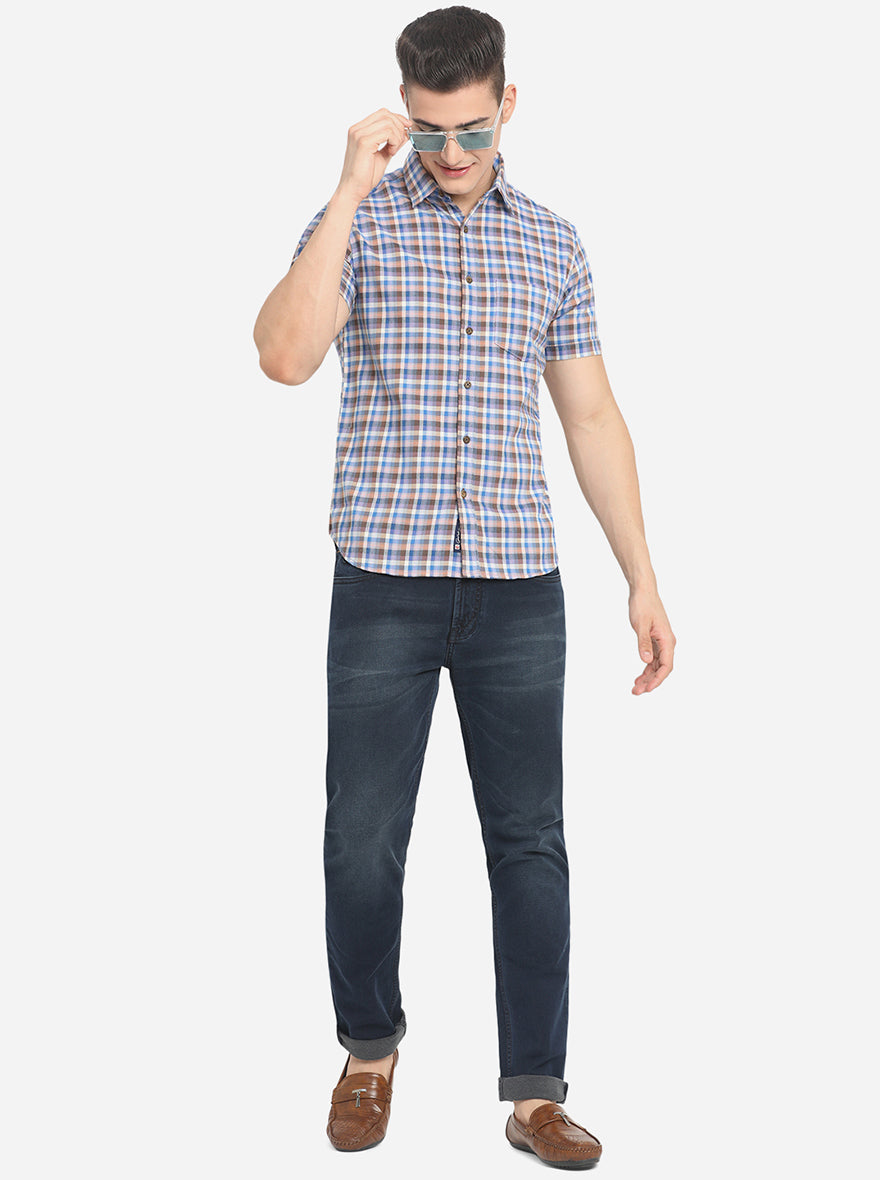 Blue & Brown Checked Slim Fit Semi Casual Shirt | Greenfibre