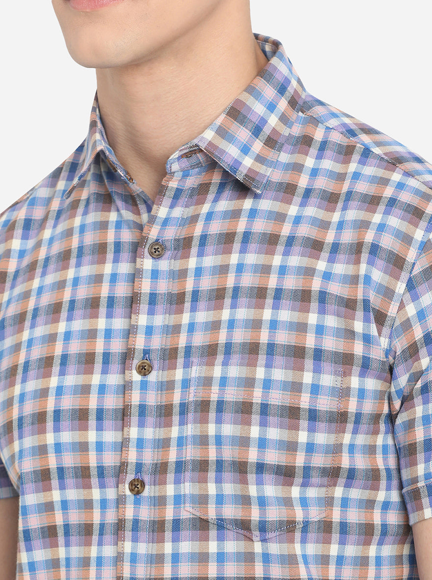 Blue & Brown Checked Slim Fit Semi Casual Shirt | Greenfibre