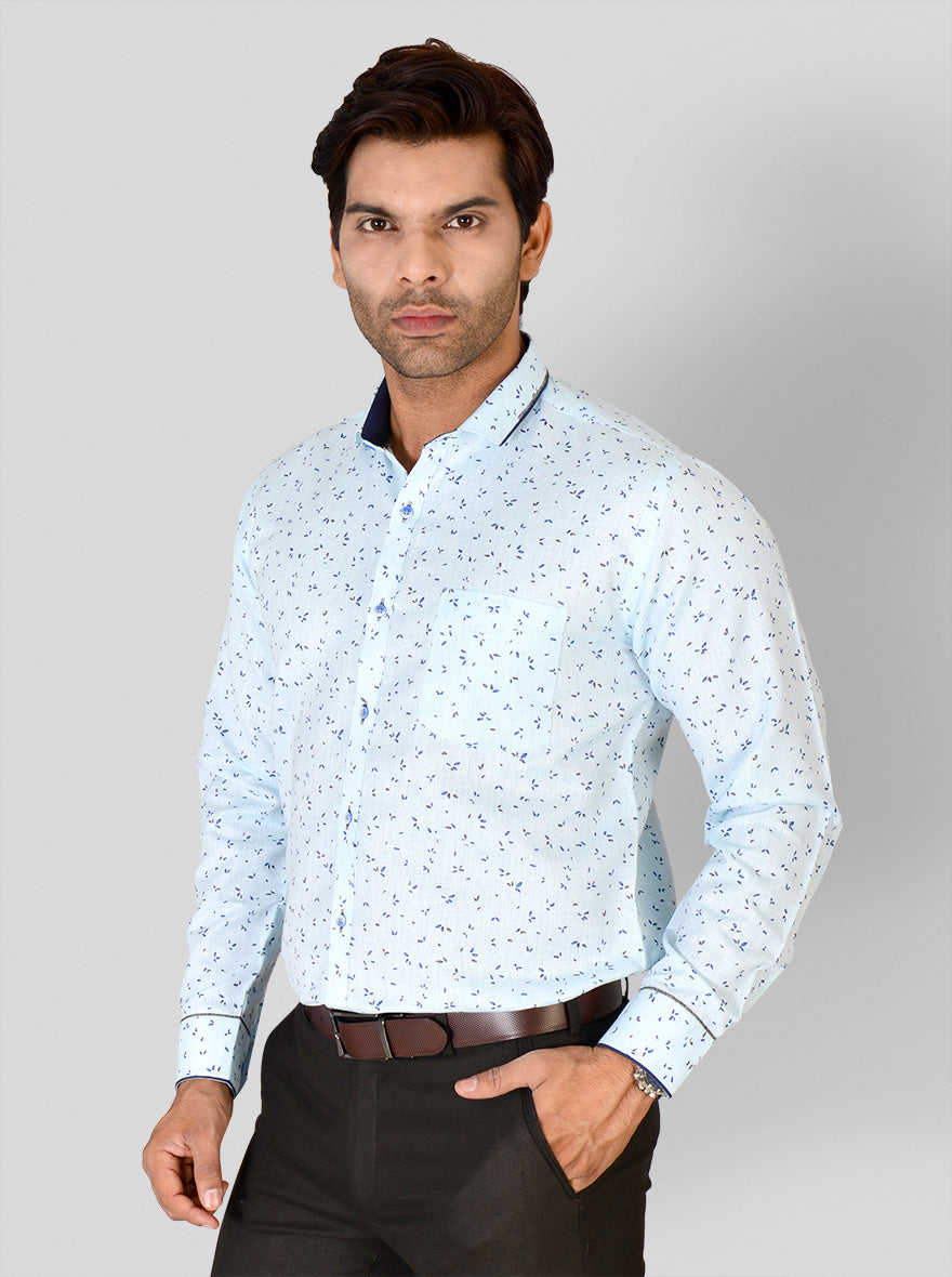 Sky Blue Printed Slim Fit Party Wear Shirt | Greenfibre