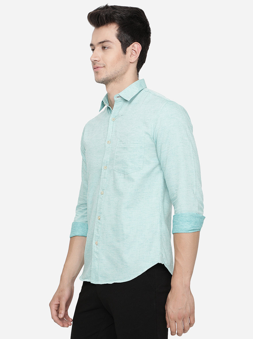 Sea Green Solid Slim Fit Semi Casual Shirt | Greenfibre