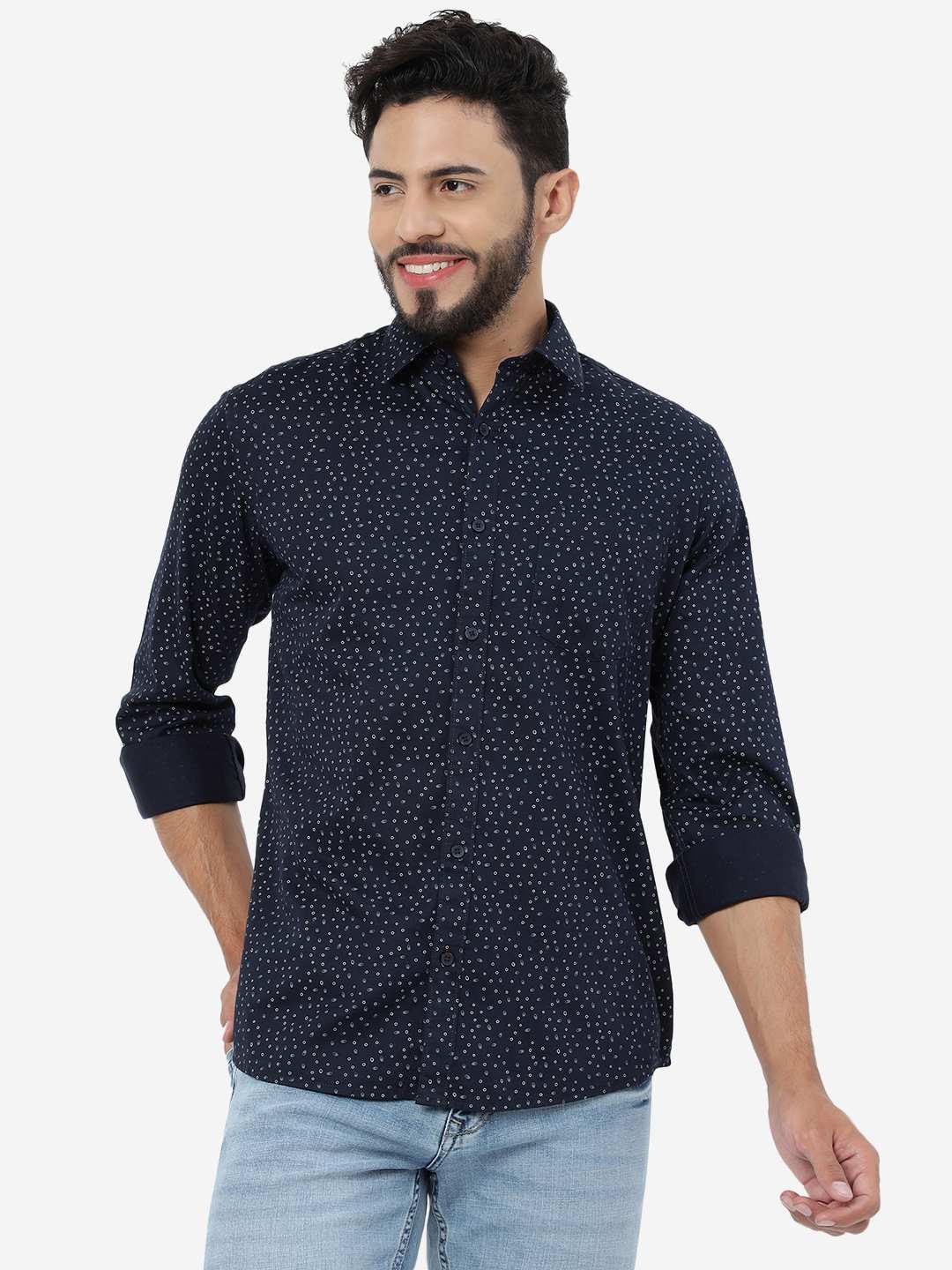 Navy Blue Printed Smart Fit Semi Casual Shirt | Greenfibre