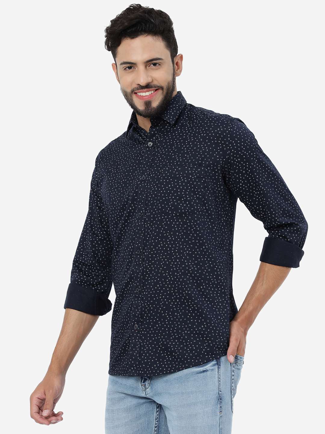 Navy Blue Printed Smart Fit Semi Casual Shirt | Greenfibre