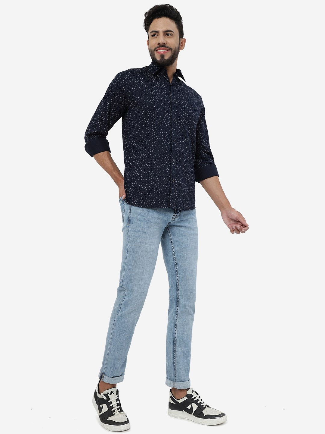 Navy Blue Printed Smart Fit Semi Casual Shirt | Greenfibre