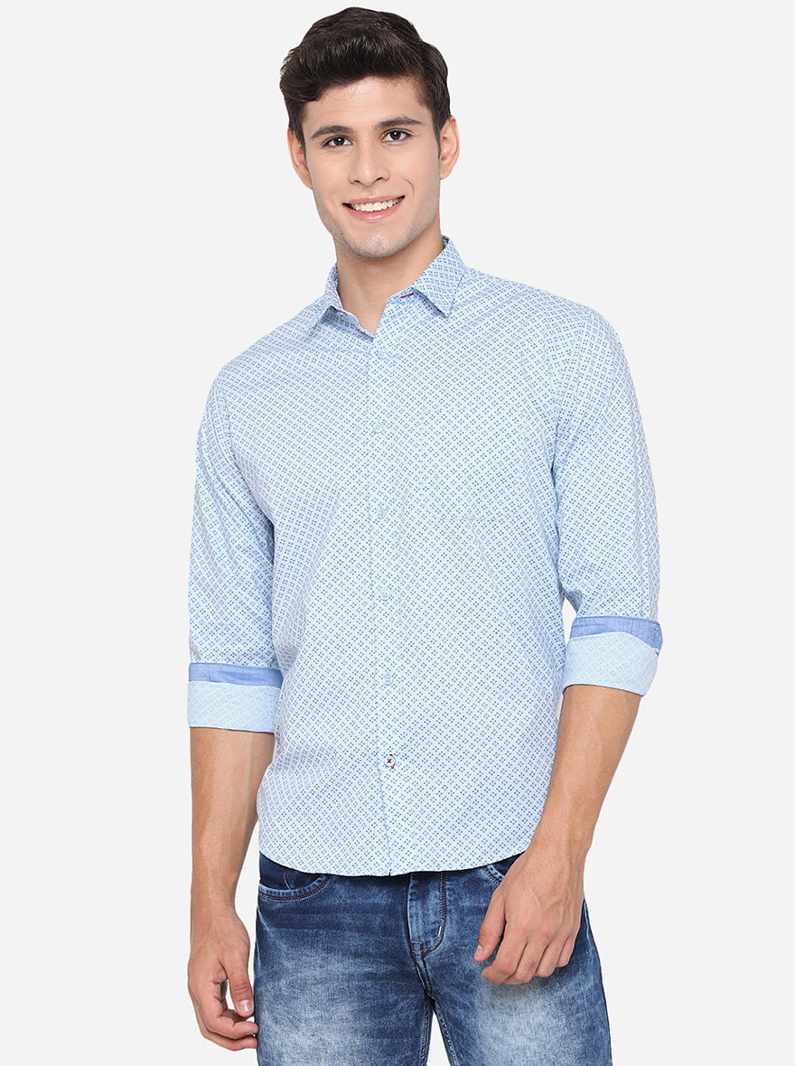 Sky Blue Printed Slim Fit Casual Shirt | Greenfibre