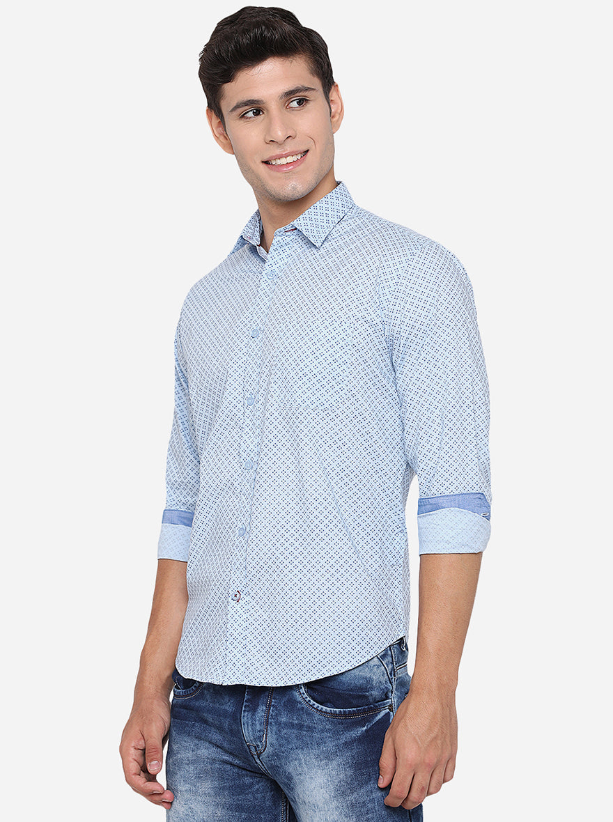 Sky Blue Printed Slim Fit Casual Shirt | Greenfibre