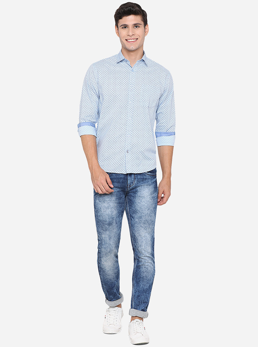 Sky Blue Printed Slim Fit Casual Shirt | Greenfibre