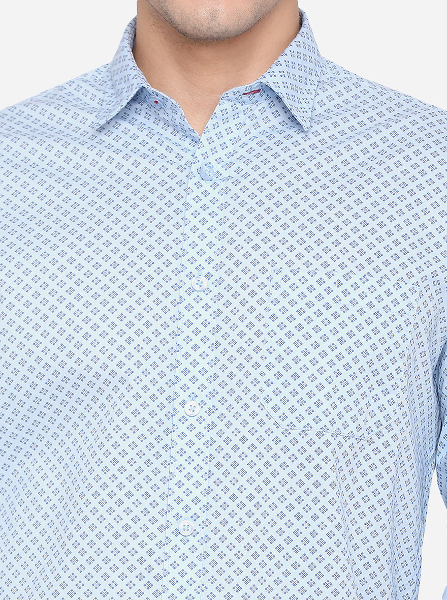 Sky Blue Printed Slim Fit Casual Shirt | Greenfibre