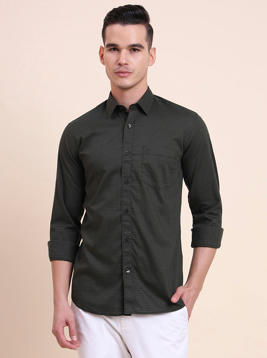 Olive Green Checked Smart Fit Semi Casual Shirt | Greenfibre