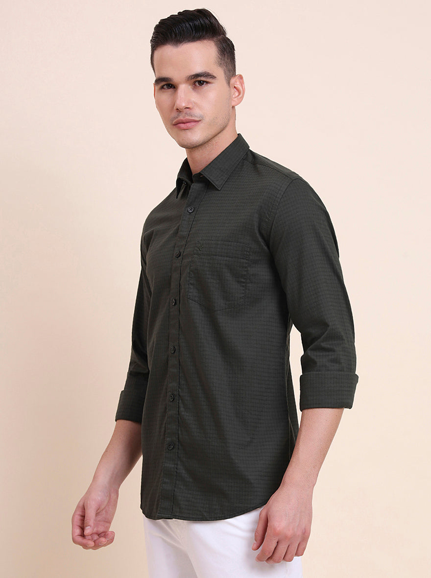 Olive Green Checked Smart Fit Semi Casual Shirt | Greenfibre