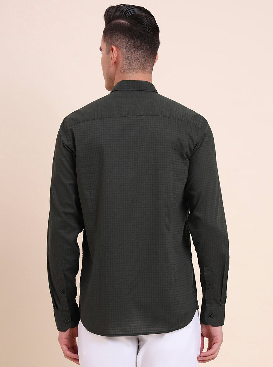 Olive Green Checked Smart Fit Semi Casual Shirt | Greenfibre