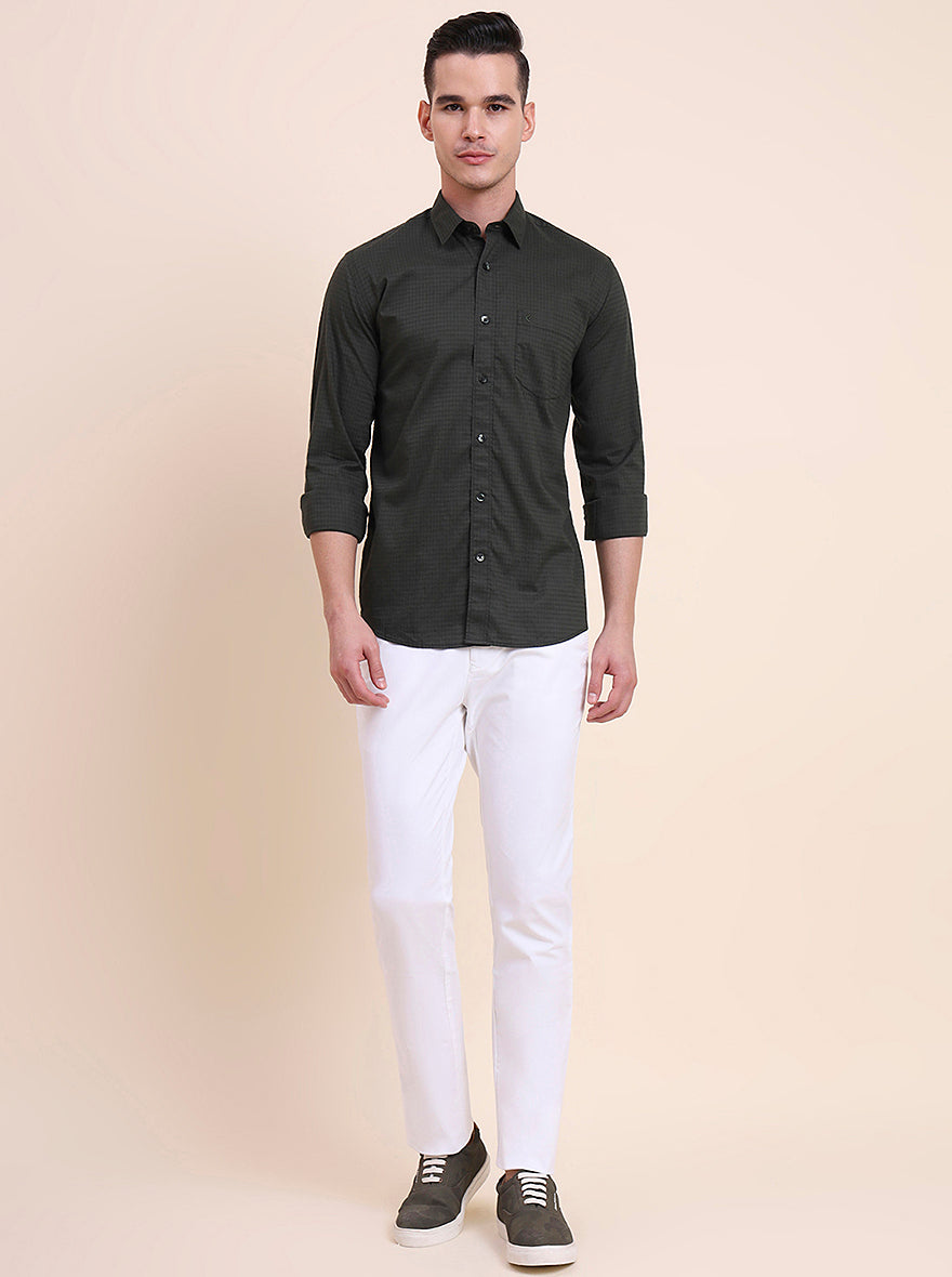 Olive Green Checked Smart Fit Semi Casual Shirt | Greenfibre