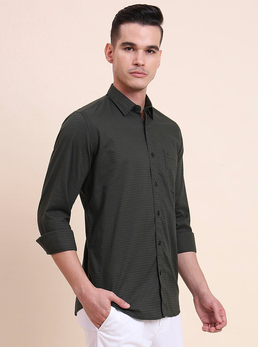 Olive Green Checked Smart Fit Semi Casual Shirt | Greenfibre
