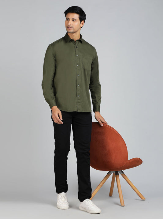 Olive Green Solid Smart Fit Semi Casual Shirt | Greenfibre