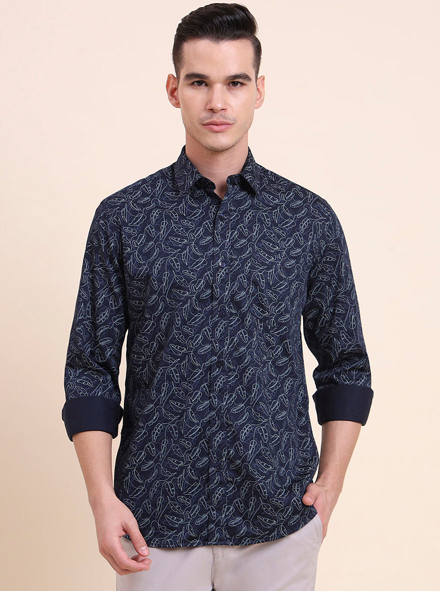 Navy Blue Printed Smart Fit Semi Casual Shirt | Greenfibre