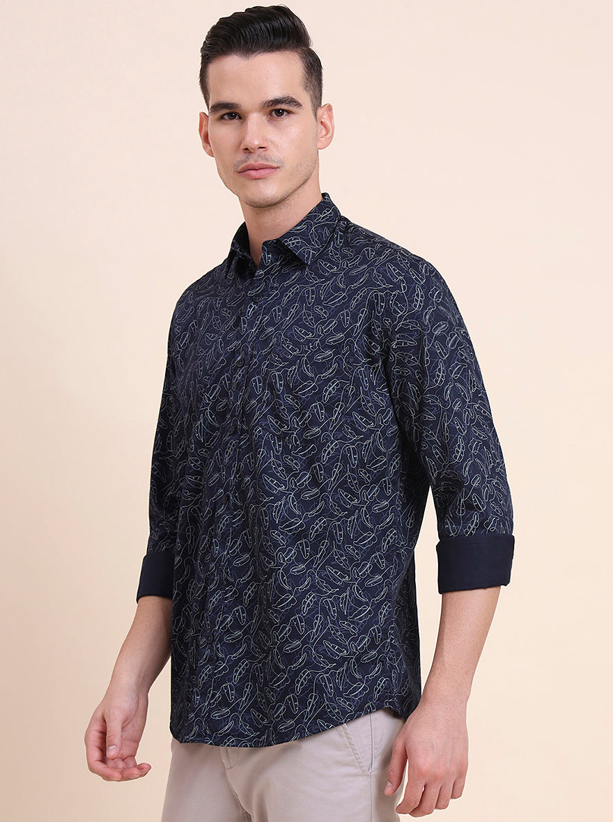 Navy Blue Printed Smart Fit Semi Casual Shirt | Greenfibre