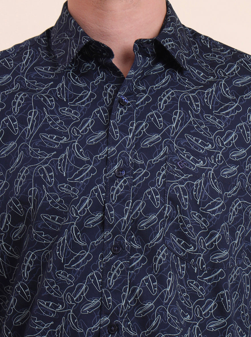Navy Blue Printed Smart Fit Semi Casual Shirt | Greenfibre