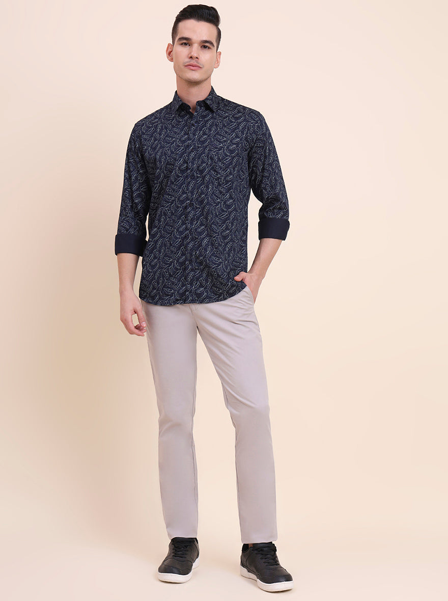 Navy Blue Printed Smart Fit Semi Casual Shirt | Greenfibre