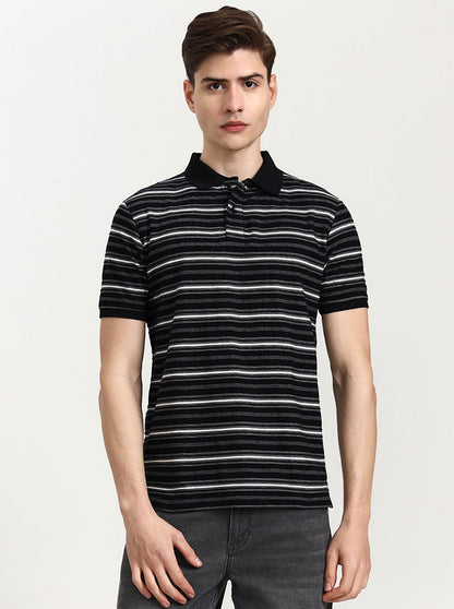 Black & White Striped Slim Fit Polo T-Shirt | Greenfibre