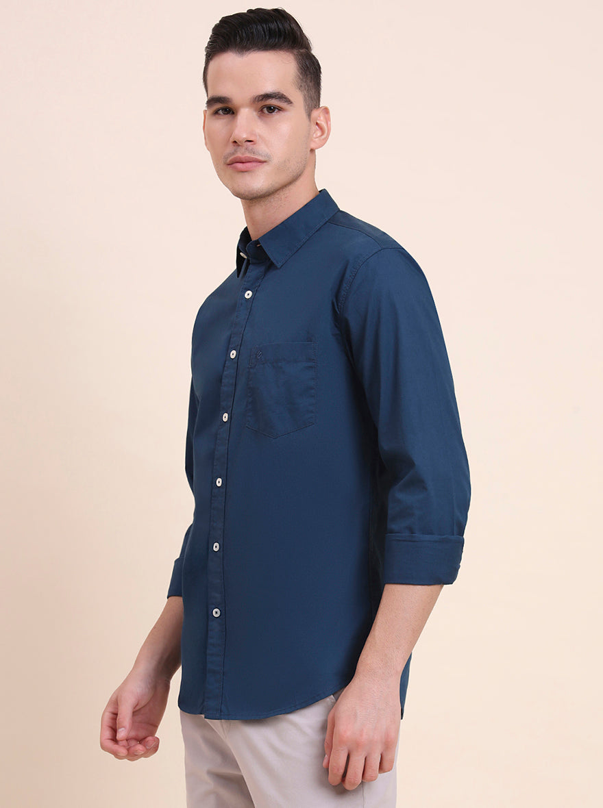 Teal Solid Slim Fit Casual Shirt | Greenfibre