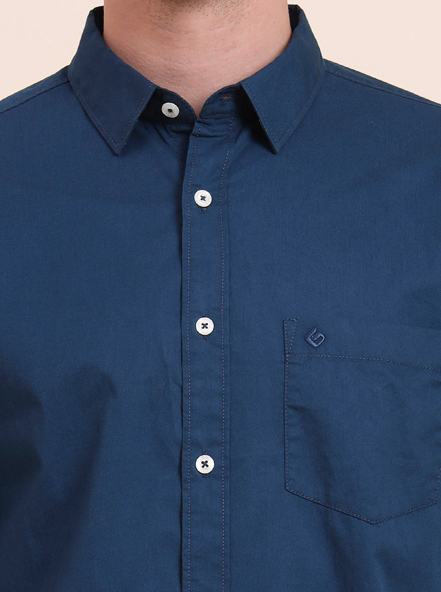 Teal Solid Slim Fit Casual Shirt | Greenfibre