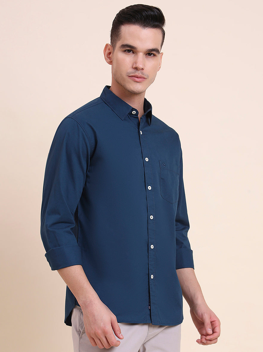 Teal Solid Slim Fit Casual Shirt | Greenfibre