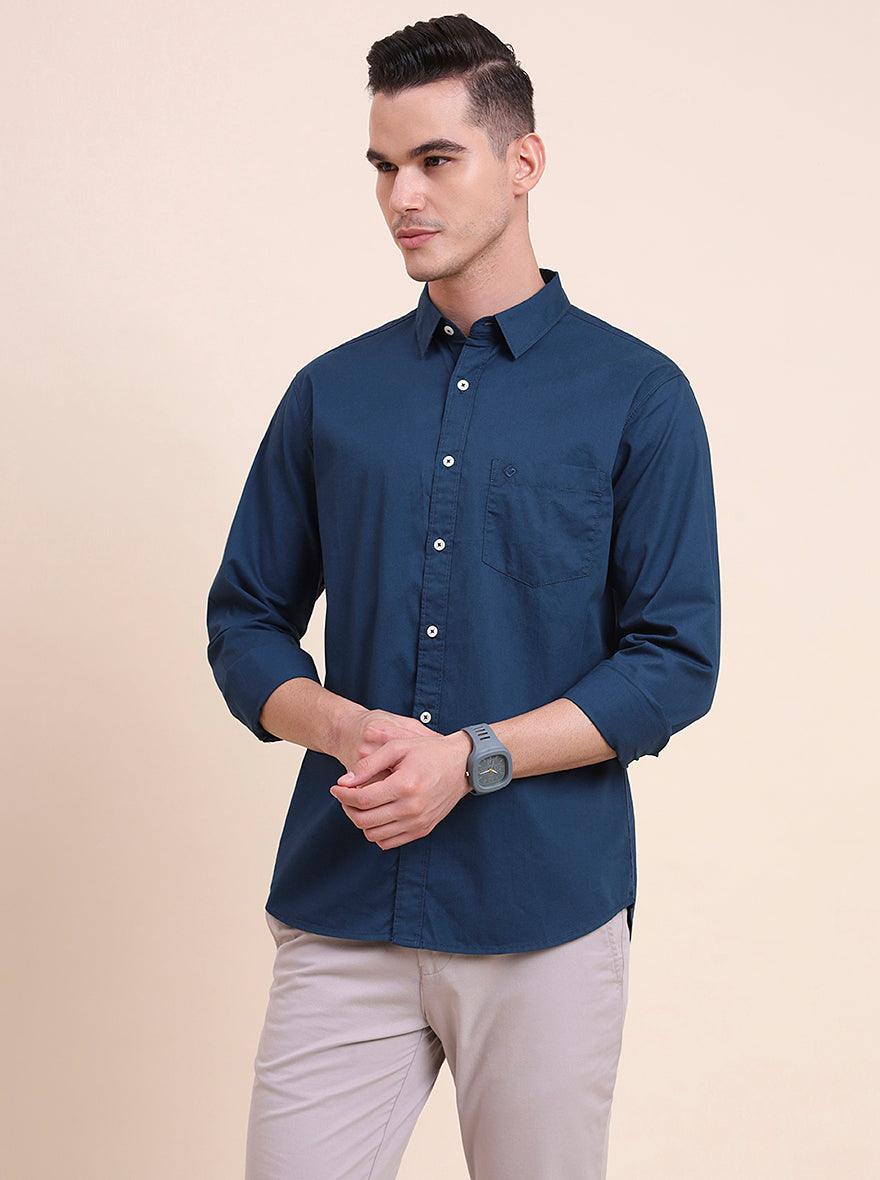Teal Solid Slim Fit Casual Shirt | Greenfibre