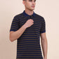 Navy Blue & Mustard Striped Slim Fit Polo T-Shirt | Greenfibre