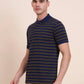 Navy Blue & Mustard Striped Slim Fit Polo T-Shirt | Greenfibre