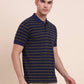 Navy Blue & Mustard Striped Slim Fit Polo T-Shirt | Greenfibre
