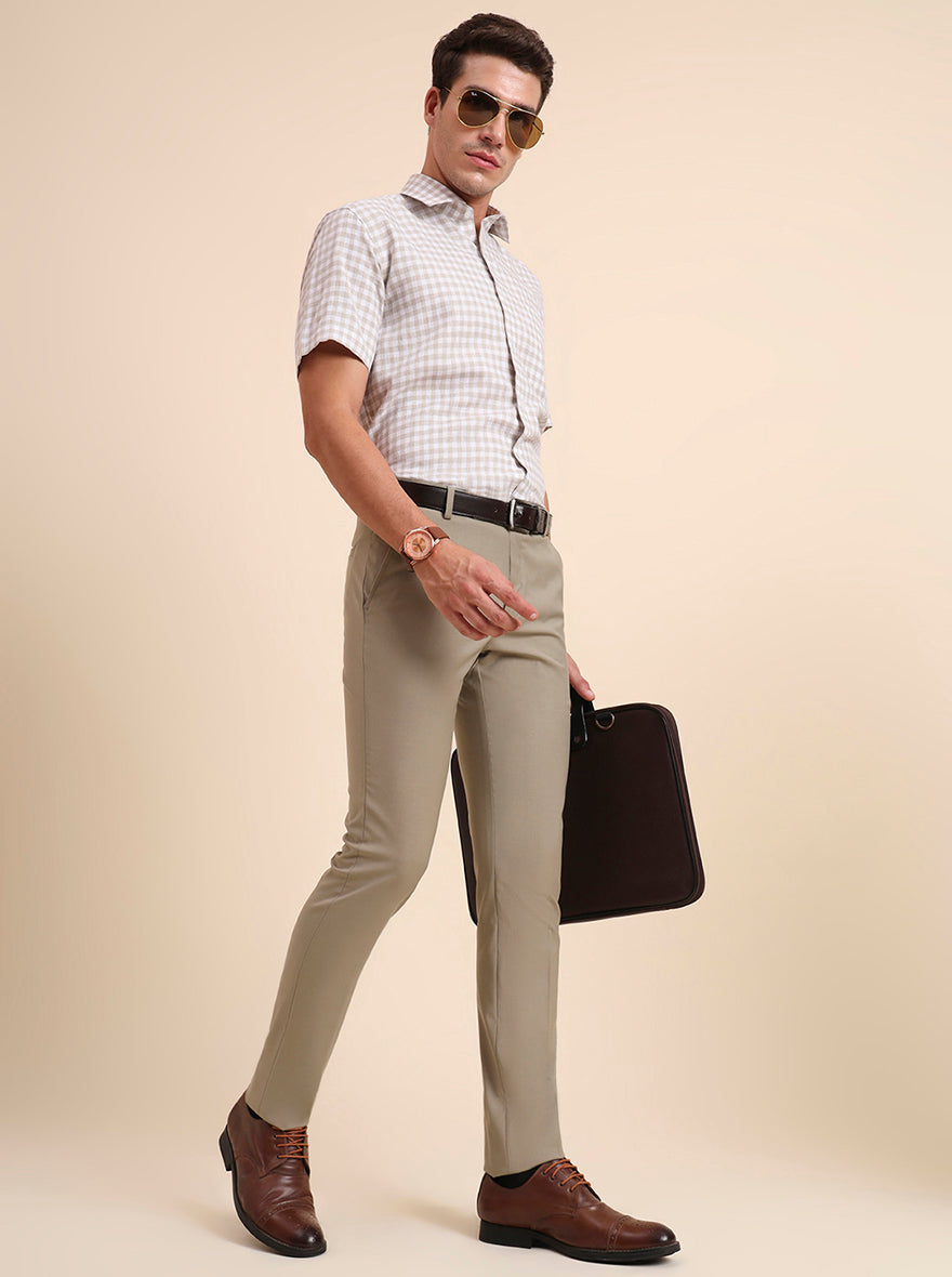 Beige Solid Super Slim Fit Formal Trouser | Greenfibre