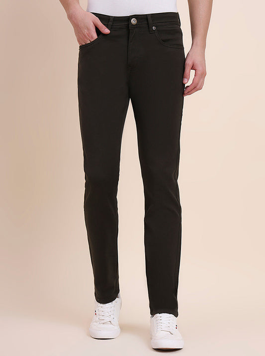 Olive Brown Solid Tailored Fit Jeans | Greenfibre