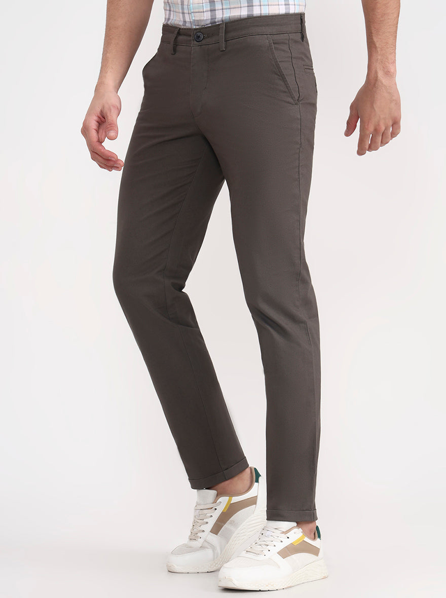 Olive Grey Solid Slim Fit Casual Trouser | Greenfibre
